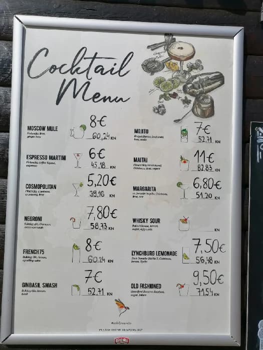 Drink menu of one beach bar